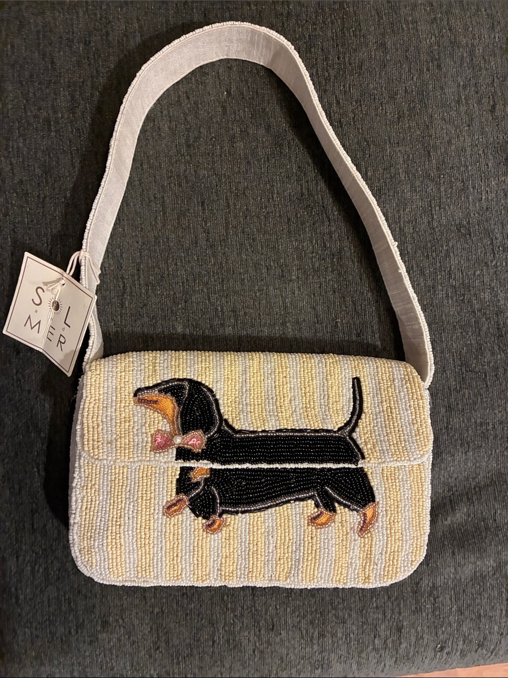 Yellow Striped Beaded Dachshund Shoulder Bag